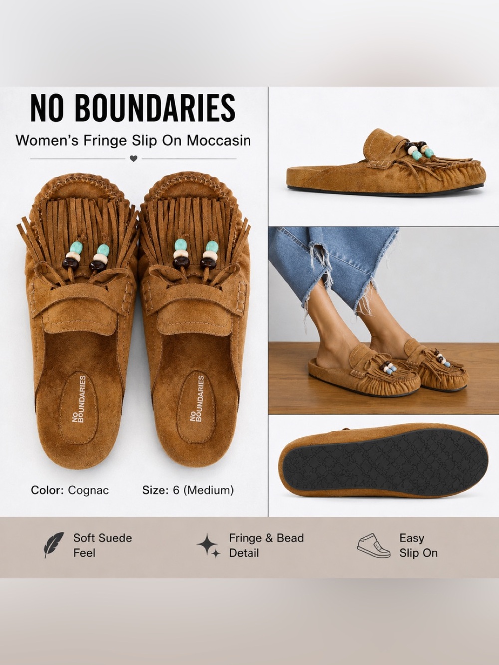 NWT No Boundaries Women's Cognac Fringe Slip-On Moccasins with Bead Accent